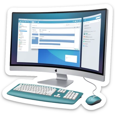 Create an emoji for UX/UI design. Show large curved monitor displaying windows with UX/UI design HTML program interface. Include a mouse, keyboard, and stylus next to the screens. Use modern, professional colors. Do not include any emojis or smiley faces. Make the background transparent. sticker