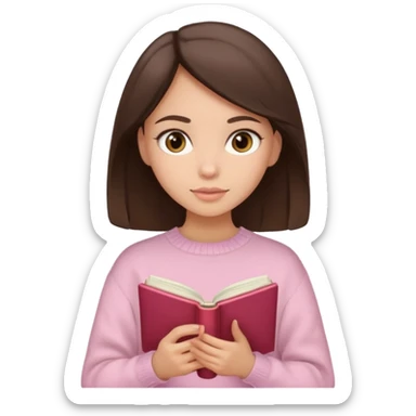 Pretty brown eyed brunette girl with light pink sweater reading cozy sticker