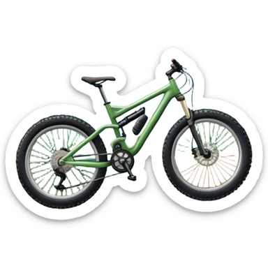 An icon featuring a mountain bike with wide tires, positioned on a forest trail or rocky mountain road. The background shows dense trees, steep slopes, and distant peaks under a clear blue sky. Transparent background highlights the thrill and rugged beauty of mountain biking. sticker