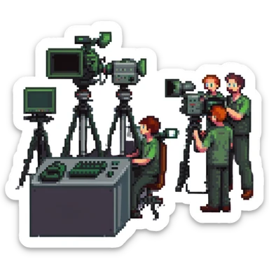 pixel art style, large high resolution image of a film crew collaboration: multiple members (cameraman, sound engineer, director) working together around a broadcast camera, dynamic atmosphere, wide shot, team spirit sticker