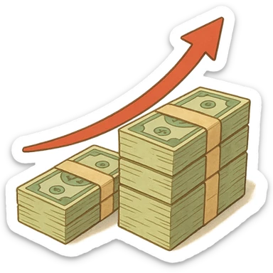 ghibli style upward trending arrow beside three stacks of bundled dollar bills in ascending height sticker