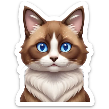 Cinematic Cute Brown Mantle Snowshoe Cat Portrait Emoji, Head tilted playfully and inquisitively, rich brown fur cascading over its back like a mantle, with soft white paws, chest, and face, striking icy-blue eyes brimming with curiosity, Simplified yet irresistibly adorable features, highly detailed, glowing with a warm, friendly glow, high shine, affectionate and lively, stylized with a touch of whimsy, bright and endearing, soft glowing outline, capturing the essence of a mischievous yet loving kitten, so playful it feels like it could pounce out of the screen and into your arms! sticker