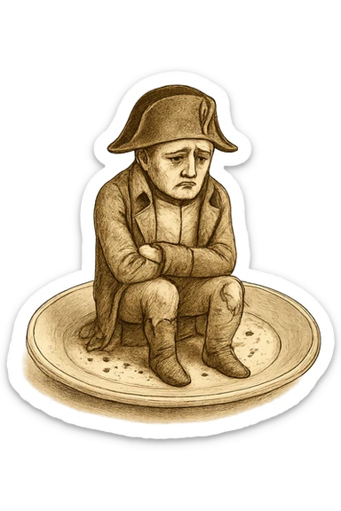 Сгенерируй мне такую же тарелку, только чтобы на ней сидел наполеон бонапарт, грустный, в чуть чуть рваной одежде. ТОРТ УБЕРИ ПОЛНОСТЬЮ. На прозрачной фоне  sticker