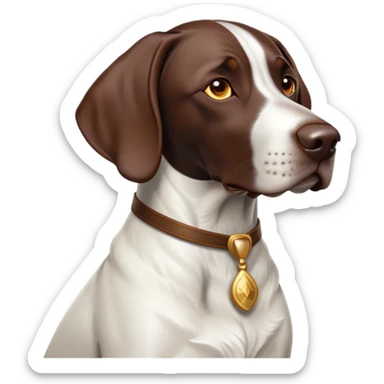Cinematic Noble German Pointer Portrait Emoji, Poised and regal, with a lean, athletic build and a sleek, short coat in liver and white, deep-set soulful brown eyes, Simplified yet sharp and sophisticated features, highly detailed, glowing with a soft, dignified glow, high shine, intelligent and driven, stylized with an air of determination, focused and attentive, soft glowing outline, capturing the essence of a watchful and commanding hunter, so majestic it feels as though it could sprint out of the screen with effortless authority! sticker