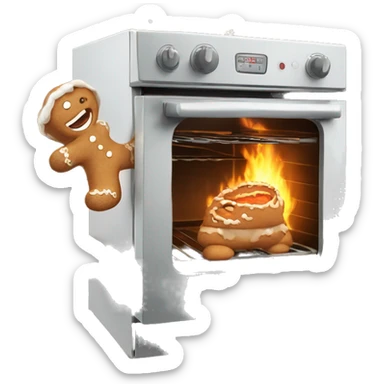 Oven burning with  gingerbread man running trying to escape  sticker