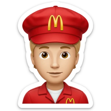 caucasian male McDonald's worker

red casual cashier clothes, red cap with the McDonald's logo sticker