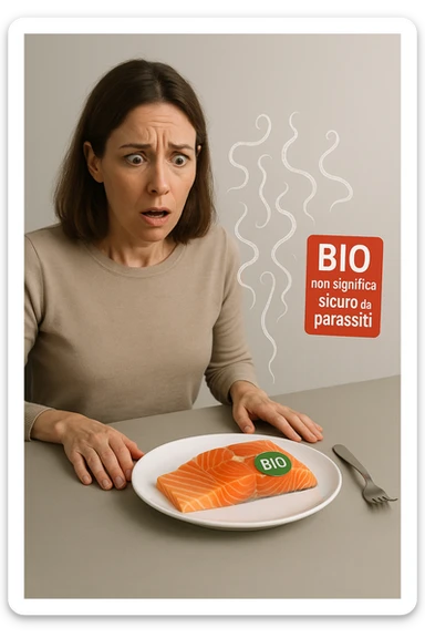 Donna tra i 30 e i 40 anni, seduta a tavola con espressione sorpresa e preoccupata mentre guarda un piatto elegante di salmone crudo etichettato 'BIO'. In trasparenza sopra il salmone si vedono parassiti intestinali stilizzati, come larve o vermi sottili, fluttuanti nell’aria. Accanto al piatto, una scritta fluttuante in stile etichetta rossa avverte: 'BIO non significa sicuro da parassiti'. Atmosfera visivamente pulita ma con tensione sottile, colori realistici con accento sul contrasto tra immagine 'salutare' e minaccia invisibile sticker