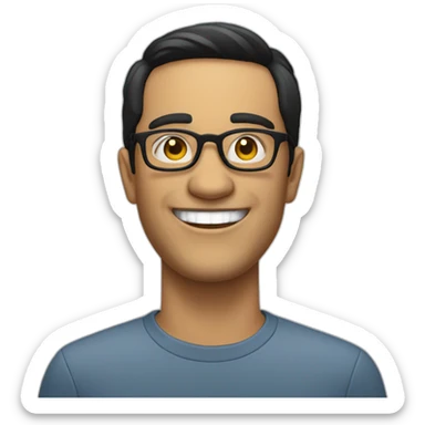 portuguese white man with straight black hair down below ears, round glasses and a big smile sticker