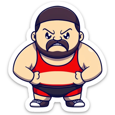 Close-up of extremely fat white skin guy with young face, beard and mustache, no muscle with prominent black durag, black eyes in a red and black wrestling singlet with angry face sticker