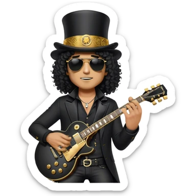 Create a legendary and iconic emoji representing Slash wearing his top hat and holding his Gibson Les Paul guitar. The design should emphasize Slash's distinctive silhouette, with his wild curly hair, sunglasses, and signature black top hat. He should be depicted holding the famous Gibson Les Paul guitar, known for its smooth curves and powerful sound. Use a dark color palette with deep blacks, gold accents, and subtle details like the guitar’s iconic pickups and knobs. The background should be transparent to highlight Slash’s rockstar persona sticker