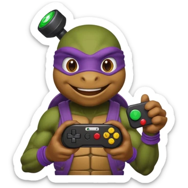 Donatello from Teenage Mutant Ninja Turtles, emoji style, holding a joystick and smiling sticker