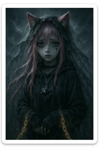 realistic anime catgirl with pink hair, emo streetwear, heart tattoo under left eye, dark magical accessory, sparkles, stormy background, ghostly horror look with torn veil, glowing chains, and a sorrowful expression sticker