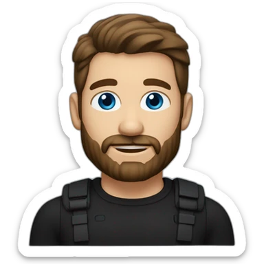 White man with a slight sun kissed tan, blue eyes and dark brown hair. He has a beard and mustache trimmed. Wears black clothing and wears his hair styled sideways backwards. sticker