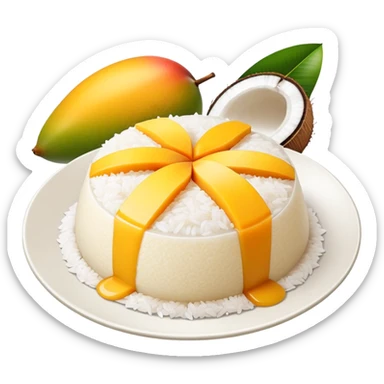 cinematic-realistic-mango-sticky-rice-dessert-emoji,-showcasing-sweet-sticky-rice-paired-with-ripe-mango-slices-and-coconut-milk-rendered-with-lifelike-detail-and-warm,-inviting-lighting sticker