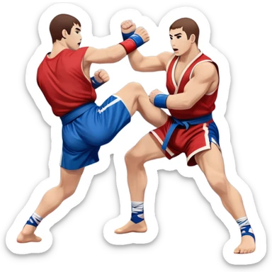 Two Sambo fighters in blue and red kimonos, with shorts and wrestling shoes, performing grappling and throwing techniques. The background shows a wrestling mat and an intense, focused atmosphere. Transparent background highlights the fluidity and skill of the sport without strikes. sticker