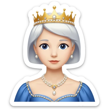 Queen with white short hair – gold tiara, pearl necklace, elegant gown, blue dress sticker