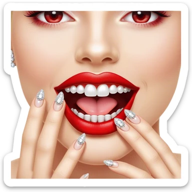 Glossy, bright red lips slightly parted. Inside, sparkling diamonds grillz. A playful tongue touching the teeth. A long, elegant fingernail with a soft white shade. No face, only lips and finger sticker