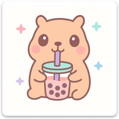 a fun and cute capybara drinking boba tea, playful and charming, adorable and friendly, with a straw and tapioca pearls visible sticker