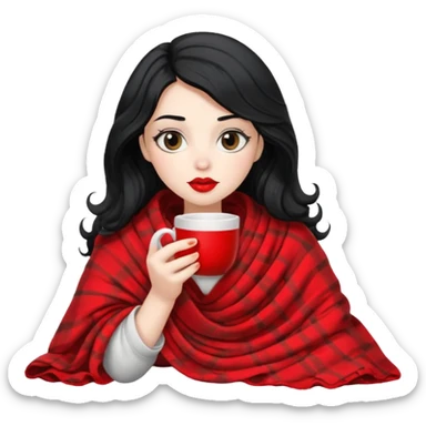 Long wavy Black haired, white skinned, black big eyed girl with red lipstick wrapped in a blanket, sipping tea sticker