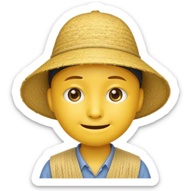 Yellow emoji smiley face with stereotypical Chinese facial features and rice farmer hat. Eyes very narrow sticker