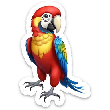 cinematic-macaw-realistic-full-body-standing-emoji,-vibrant-feathers-glowing-with-rich-reds,-blues,-and-yellows,-head-tilted-dramatically,-curved white-beak-gleaming,-piercing-dark-eyes-exuding-confidence,-simplified-yet-realistic-focused sticker