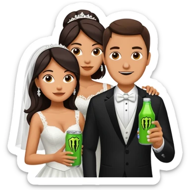 mexican wife in white wedding dress and white husband in wedding suit holding monster energy drink sticker