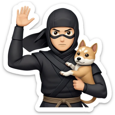 clash-of-clans-aesthetic_-cinematic-mysterious-male-ninja-portrait-emoji, rendered in a flat, vector-style with minimal shading and bold, simplified shapes, his arm is stretched out  with a head slightly turned revealing intense, focused eyes. the ninja is accompanied by a Ninken dog sticker