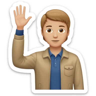 A white man in casual clothes, standing, waving his hand, with light brown hair sticker