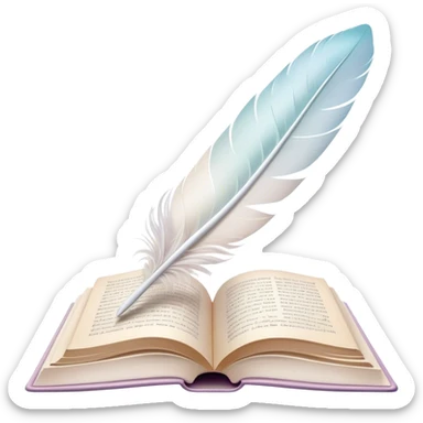 Create a delicate and poetic emoji representing poetry. The design should feature several elegantly flying pages with short poetic columns written on them. The pages should appear light and flowing, almost as if being carried by the wind. Include a white feather gently resting on the pages, symbolizing creativity and inspiration. Use soft, pastel tones to give it a dreamy, artistic feel. The design should feel ethereal and whimsical, capturing the essence of poetry. Make the background transparent. sticker