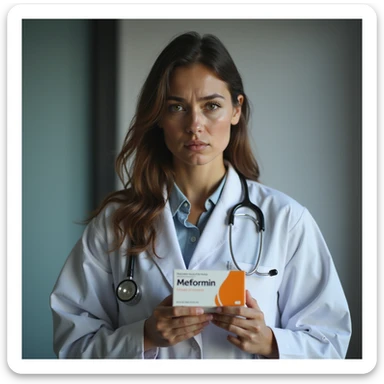 hyperrealistic 4K vertical 9:16 image of a woman with PCOS looking at a box of Metformin with a doubtful or discouraged expression, clinical environment or white background sticker