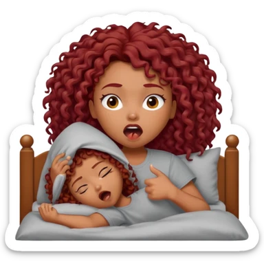 generate a pretty bratz brown skinned girl curly dark red hair, yawning in bed in a grey tshirt bored. sticker