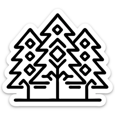 logo illustration of evergreen trees in Slavic folk art style, dark neutral forest color tones, with outlines, suitable for favicon sticker