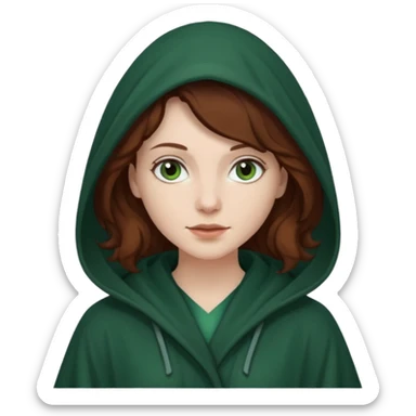 A white woman with dark auburn hair robed and hooded like she's a Traitor in the tv show The Traitors. her hair is slightly curly and the robe is a dark green sticker