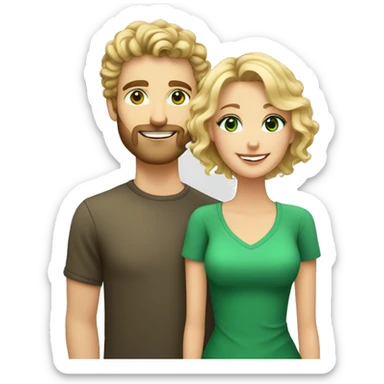 Smiling couple blonde woman with curly hair and green eyes and handsome man with short dark hair and short mustache and beard  sticker