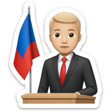 a male politician in a business suit with a Russian flag sticker