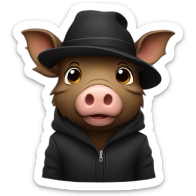 Bored brown boar in a black winter hat and black jacket sticker
