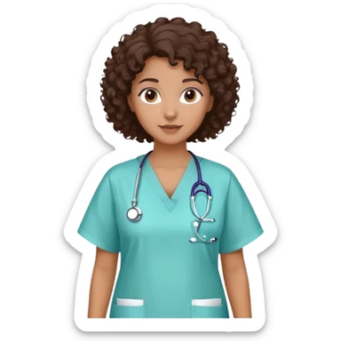 mulher com cabelo cacheado castanho escuro, pele marrom médio, olhos castanhos escuros, usando jaleco hospitalar, sem estetoscópio sticker