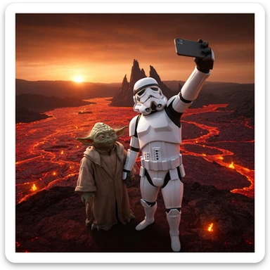 Camera POV, Starwars stormtroopers vlogging selfie, he is walking on lava planet with yoda sticker