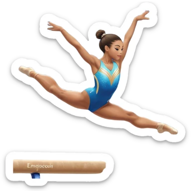 A gymnast performing a flawless routine on the balance beam, showcasing strength and grace. The scene captures the precise, elegant movement with perfect balance and form. The background features a gymnastics arena with vibrant lighting and cheering crowds, emphasizing athleticism and poise. sticker