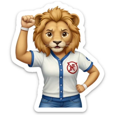 confident anthropomorphised female lion wearing baseball shirt, jeans, trainers, raising a fist in the air, angry expression, no sunglasses sticker