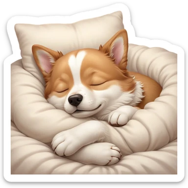 Meme-Worthy Cute Sleeping Domestic Dog Portrait Emoji, Head resting peacefully with a contented smile, showcasing a delightfully cuddly build and a luxuriously soft coat, eyes gently closed in serene, restful slumber, Simplified yet hilariously adorable features, highly detailed, glowing with a soft, drowsy light, high shine, relaxed and utterly lovable, stylized with an air of playful laziness, soft glowing outline, capturing the essence of a sleeping dog that feels destined to become the next viral sensation of adorable rest! sticker