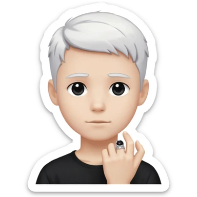 just a boy with TOTALLY WHITE SHORT HAIR (pure white like paper or snow, not gray, not blonde), wearing dark t-shirt, silver ring with black stone sticker