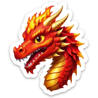Cinematic Comical Fierce Fire Dragon Portrait Emoji, Head tilted dramatically with an exaggeratedly amused expression, featuring a striking, flame-draped body with bold, blazing scales in intense red and molten gold, and eyes twinkling with fiery mischief; rendered with vivid, lifelike textures and dynamic, flickering shadows, high shine, dramatic yet playful, styled with an air of cheeky volcanic mischief, soft glowing outline, capturing the essence of a spirited and over‐the‐top inferno that looks ready to burst into a cascade of playful embers! sticker