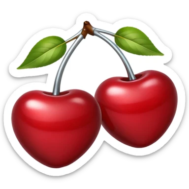A pair of cherries emoji made of polished silver chrome, smooth rounded shapes, glossy metallic finish, soft highlights and reflections, cute proportions, iOS emoji style, centered, clean white background, no text sticker