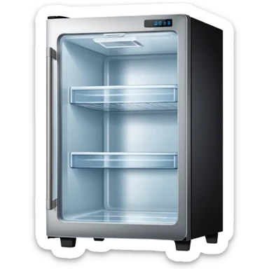 A refrigerator with a transparent front glass divided into three compartments, empty and unfilled. The refrigerator faces forward. It must be divided into three compartments and must have three drawers. sticker