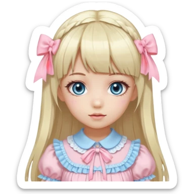 girl , who has straight hair blonde and baby bule swirled hair with bangs , grey eyes , and doll like makeup , in a light pink lolita hime gyaru dress  sticker