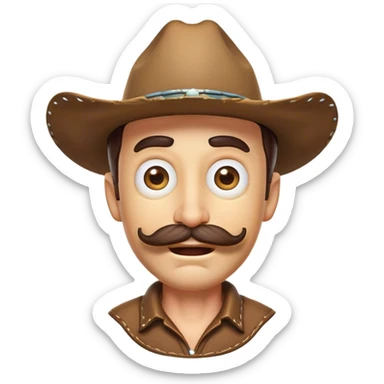 Clash of Clans aesthetic Comical Cowboy Portrait Emoji, Head tilted dramatically with an exaggerated, fun expression and wide, comically expressive eyes, featuring a rugged yet cartoonish build with a playful cowboy hat and quirky mustache, his natural skin tone evident, Simplified yet hilariously expressive features, highly detailed, glowing with a slightly sassy western glow, high shine, dramatic yet playful, stylized with an air of cheeky frontier mischief, soft glowing outline, capturing the essence of a meme-worthy cowboy bringing humor to epic quests! sticker