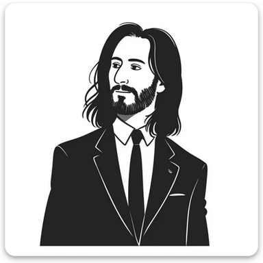 John Wick character in pencil sketch style, wearing a black suit with long dark hair and beard sticker