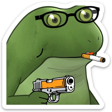 bufo frog meme with a gun, MLG glasses, and a cigarette in his mouth sticker