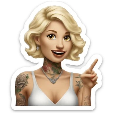 Blonde elegant women, her Body Covered with Tattoos, POINTING to YOU FORWARD with her ONE HAND , Hyper realistic sticker